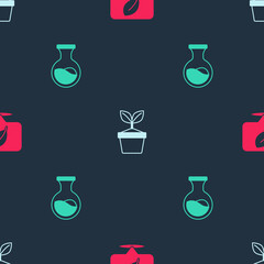Set Location with leaf, Plant in pot and Test tube and flask on seamless pattern. Vector
