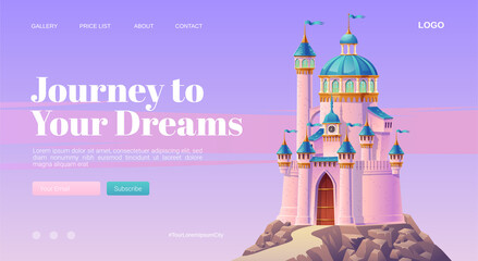 Journey Your Dream Cartoon Landing Page With Pink Magic Castle Princess Fairy Palace With Turrets Clock Mountain Top