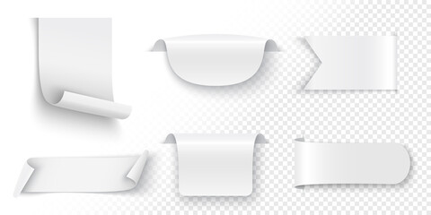 White ribbons, tags, labels and stickers on transparent background. Vector illustration.