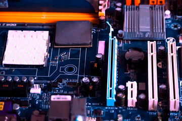 Fototapeta premium Motherboard chip close-up. Background with digital technology.