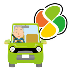 可愛らしい自動車ドライブのイラスト正面シニアお年寄り老人と大きな紅葉マーク男性お爺さん