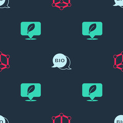 Set Molecule, Bio healthy food and Location with leaf on seamless pattern. Vector