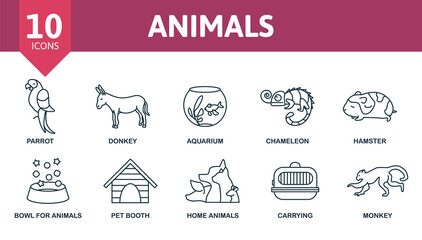 Animals icon set. Contains editable icons domectic animals theme such as donkey, parrot, chameleon and more. © Mariia