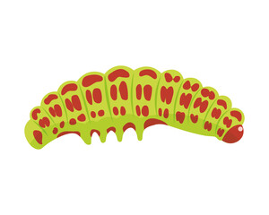 The caterpillar is bright light green with red spots on the body and a red head. Green garden pest. Vector illustration isolated on white background.