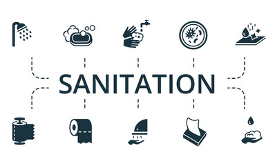 Sanitation icon set. Contains editable icons hygiene theme such as shower, washing hands, purity and more.