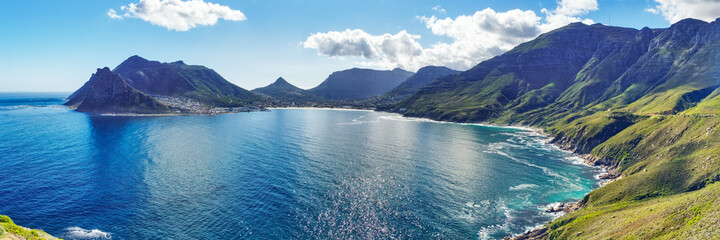 Fototapeta na wymiar Panoramic of Hout Bay in Cape Town, South Africa. As viewed from Chapman's Peak.