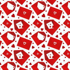 vector pattern on the theme of love. Illustration with red envelopes and letters with hearts in them
