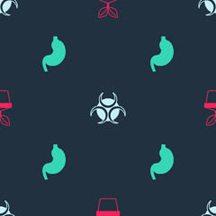 Fototapeta premium Set Plant in pot, Biohazard symbol and Human stomach on seamless pattern. Vector