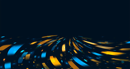 Blue and yellow flares of light forming abstract composition of blured particles moving on high speed