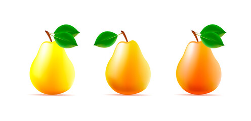 Set os 3d pear illustration, different color with leaves, whole fruit glossy vector