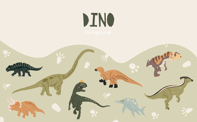 Dino vector flat background with dinosaurs in cartoon style. Abstract background with place for text for children's encyclopedias and materials about dinosaurs. Dinosaurs on a green background.