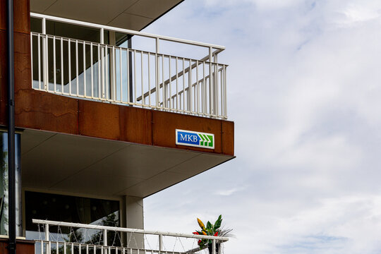 MKB sign on the uggliest building in Sweden with rusty facade and balconies