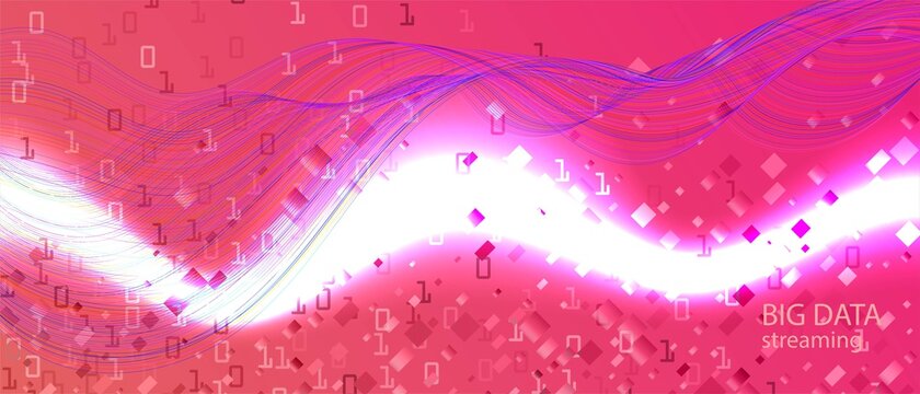 Big Data Cyber Vector Landing Page. Geometric Colorful Trendy Layout. Fractal Liquid Code Matrix Flying Binary Code. Blue Purple