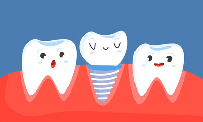 Obraz premium Healthy teeth concept. Dentistry. A tooth on a tripod. Vector. Children's illustration. 
