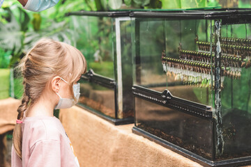 Blonde girl in a medical mask looks at insects at the zoo. Exhibition farm of live tropical butterflies in the Exhibition Center of Ukraine