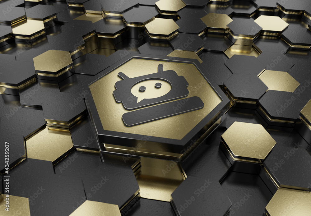 Aufkleber Chatbot icon concept engraved on gold hexagonal pedestral background. Chat bot assistance logo glowing on abstract digital surface. 3d rendering
