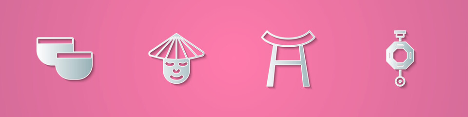 Set paper cut Chinese tea ceremony, man, Japan Gate and paper lantern icon. Paper art style. Vector