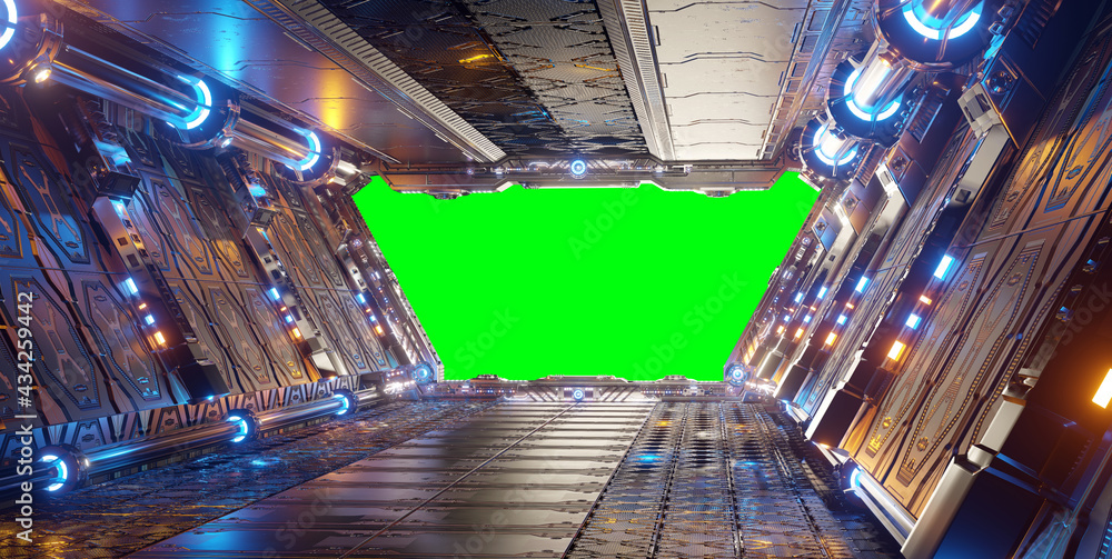 Poster orange and blue futuristic spaceship interior with green window 3d rendering