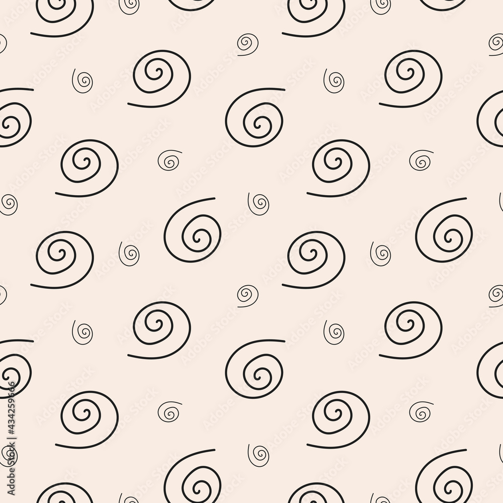 Poster Stylish abstract  seamless pattern with black geometric linear spirals or curles on pastel background. Modern vector doodle design