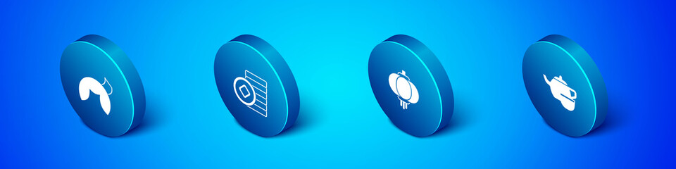Set Isometric Chinese fortune cookie, paper lantern, tea ceremony and Yuan currency icon. Vector