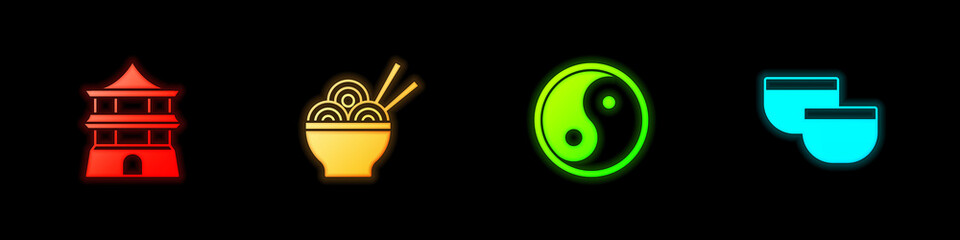 Set Chinese house, Asian noodles bowl, Yin Yang and tea ceremony icon. Vector
