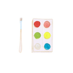 Paintbrush and watercolor palette isolated in a white background. Watercolor brush with a wooden handle and colors. School supplies for your design. Hand-drawn tools for creativity.