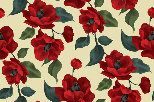 Seamless pattern with large red flowers. The blossoming buds of lush red flowers along with foliage on a branch. Floral background. Vector.
