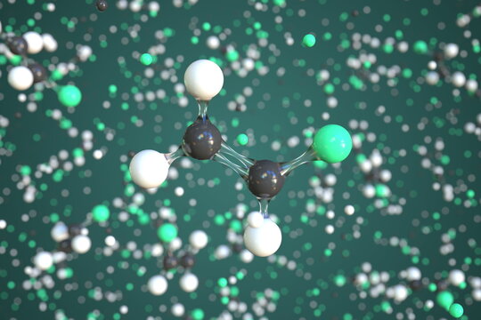 Vinyl fluoride molecule made with balls, conceptual molecular model. Chemical 3d rendering