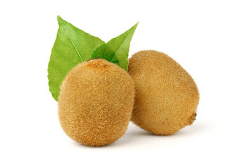 Whole kiwi fruits with green leaves isolated on white background.
