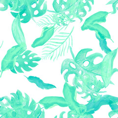 Green Monstera Pattern Texture. White Seamless Palm. White Watercolor Leaf. Tropical Decor. Floral Garden. Summer Leaf. Vintage Decor.Art Backdrop.