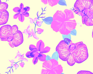 Pink Botanical Foliage. Purple Orchid Texture. Coral Hibiscus Garden. Flower Background. Watercolor Backdrop. Seamless Leaf. Pattern Foliage. Art Foliage.