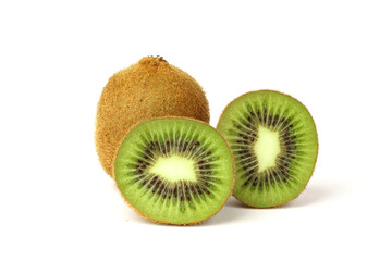 Ripe kiwi fruit and half of kiwi isolated on white