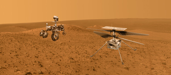 Obraz na płótnie Canvas Mars exploration with a Martian drone and rover image furnished by NASA 3D illustration