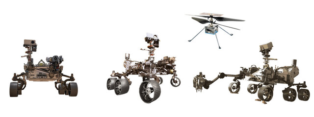 mars rovers and ingenuity helicopter isolated on white background Elements of this image furnished by NASA 3D illustration - obrazy, fototapety, plakaty