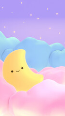 Cartoon cute smiling moon and stars on the pink clouds. Concept of sweet lullaby theme. 3d rendering picture. (vertical)