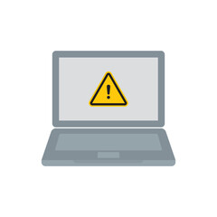 Vector laptop symbol with exclamation mark in yellow triangle. Warning icon. Isolated on white background.