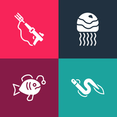 Set pop art Eel fish, Tropical, Jellyfish and Fishing harpoon icon. Vector