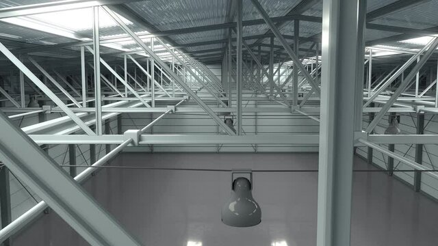 3d visualization: View of the trusses of an empty industrial hall. The skylights in the windows give a lot of light, you can see the lamps hanging from the ceiling and the shiny floor.