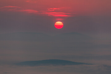 Summer morning seen from the observation tower in Koziarz in the Beskid Sądecki. Natural landscapes with great views.