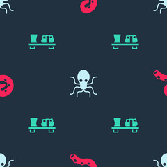 Set Octopus of tentacle, and Sushi on cutting board on seamless pattern. Vector