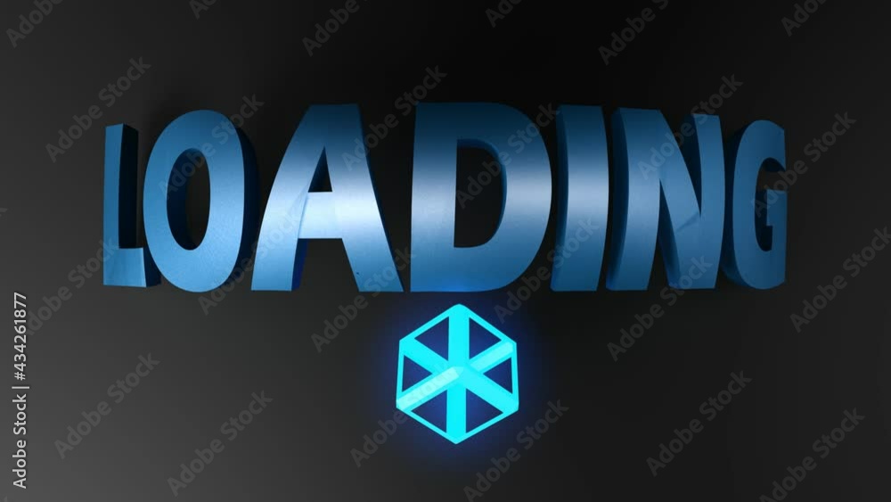 Poster the write loading in blue letters, on black background, with a red lighted glowing cube rotating - 3