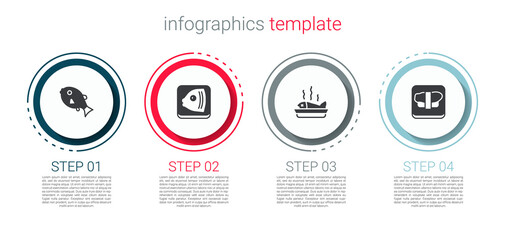Set Tropical fish, Fish head, Served on plate and Sushi cutting board. Business infographic template. Vector