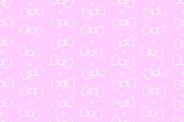 Seamless pattern with bows, asymmetric random polka dots, bubbles or buttons. Cute fun simple abstract vector background, texture for fabric, wrapping paper, kids design