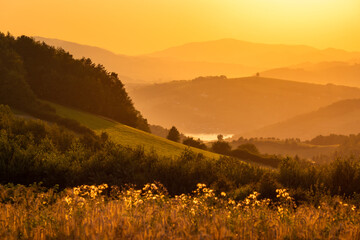 A warm summer sunset in the Rożnowskie Foothills, near Nowy Sącz. Poland, Lesser Poland...