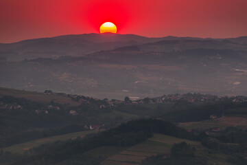 A warm summer sunset in the Rożnowskie Foothills, near Nowy Sącz. Poland, Lesser Poland...