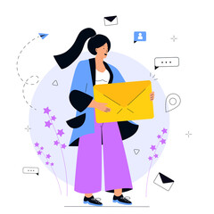 Girl holds huge envelope. E-mail marketing concept. Advertising media, target consumers, invite people, notifications, offers.