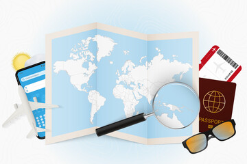 Travel destination Papua New Guinea, tourism mockup with travel equipment and world map with magnifying glass on a Papua New Guinea. - obrazy, fototapety, plakaty