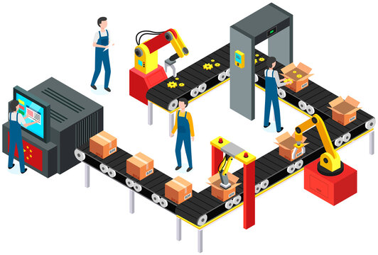 Isometric industrial production line packaging new goods. Conveyor with gears, spare parts passing through metal detector. Man puts parcels in cardboard boxes. Delivery of purchases from china