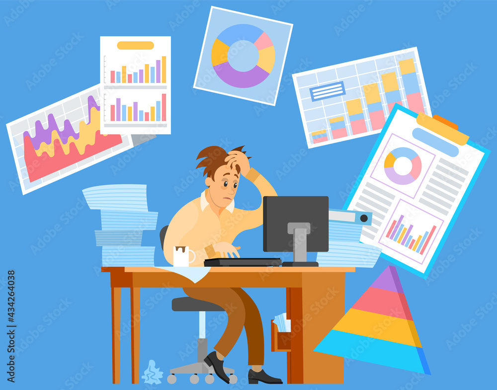 Poster busy businessman stressed due to excessive work with statistics. male employee performs statistical 