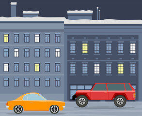 Modern car parking along town street in cartoon style. Vehicles car on city street. Auto on road with buildings. Beautiful automobile in big city. Travel by car. Drive transport. Automotive concept